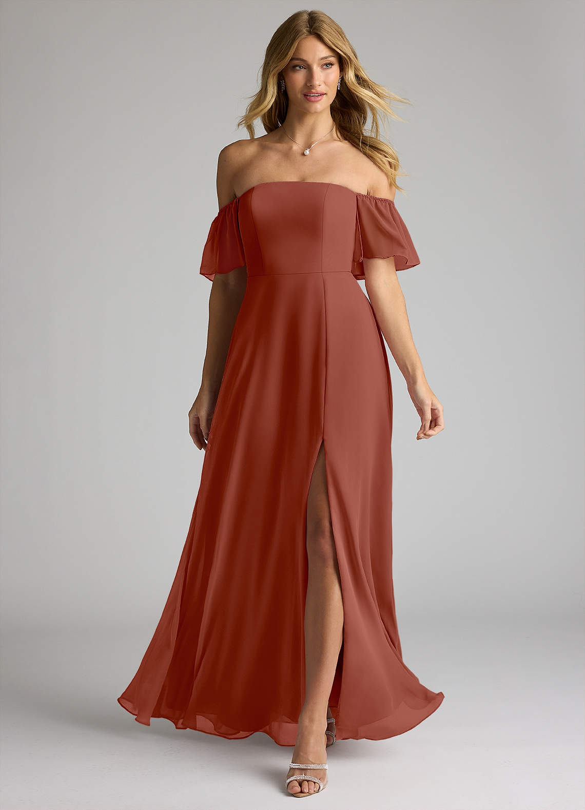 Azazie Sue Bridesmaid Dresses Auburn A-Line Off the Shoulder Chiffon Convertible Dress image1