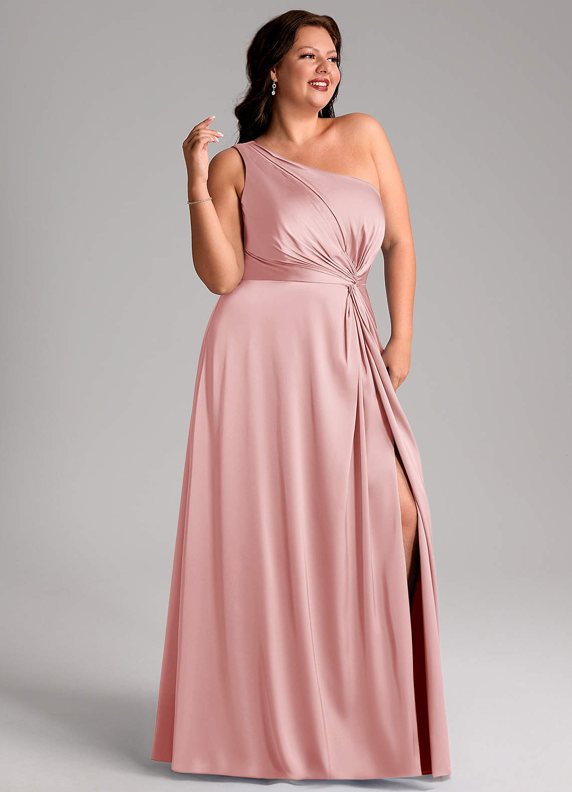 Azazie Brooke Bridesmaid Dresses Powder Pink A-Line One Shoulder Stretch Satin Dress image11