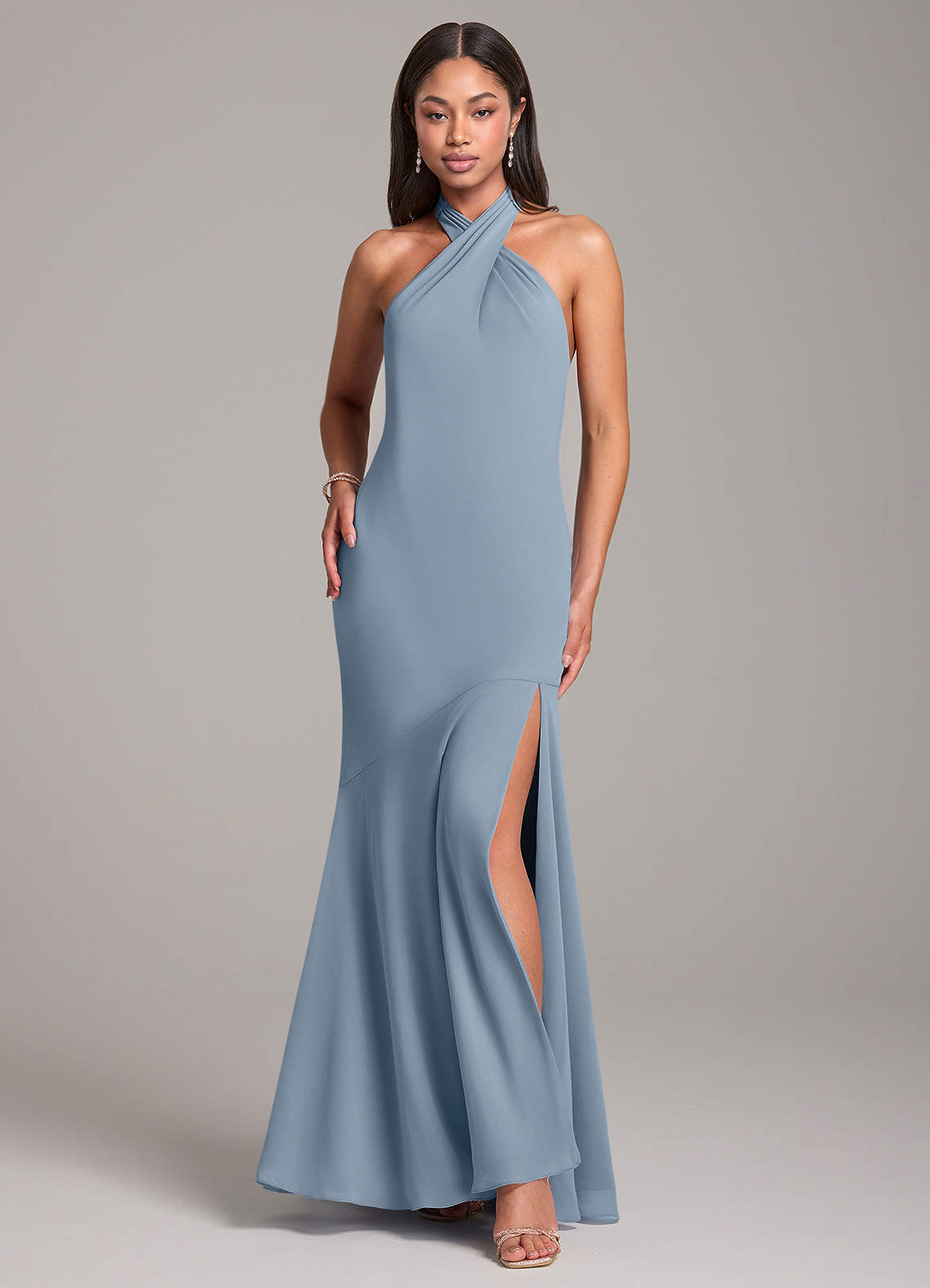 Azazie Lorena At-home Try On Dresses Dusty Blue Mermaid Pleated Chiffon Dress image1