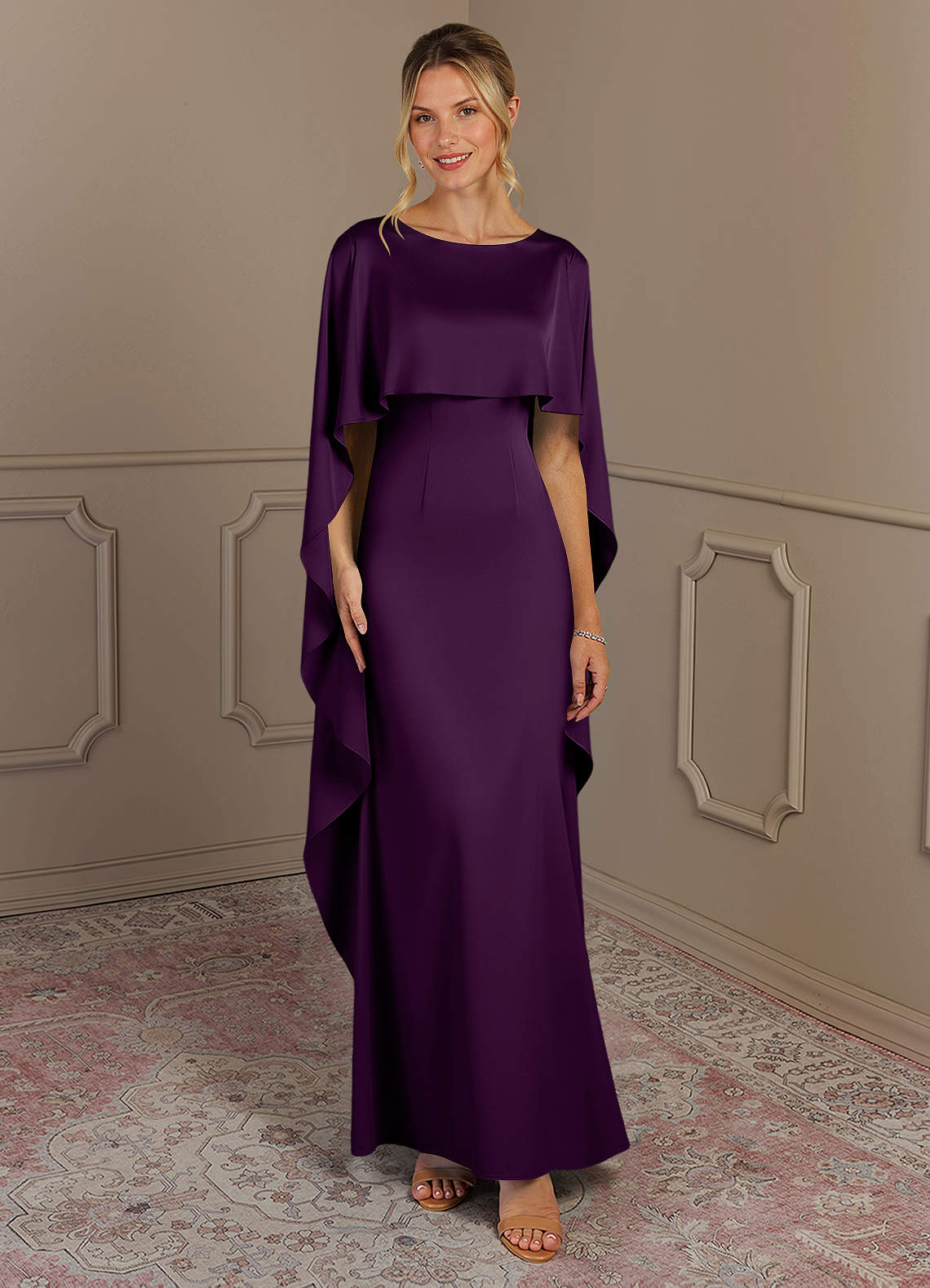 Azazie Eli vestidos de madre de la novia Vestido de Uva de Satén Elástico de Recto con Cuello de barco image1