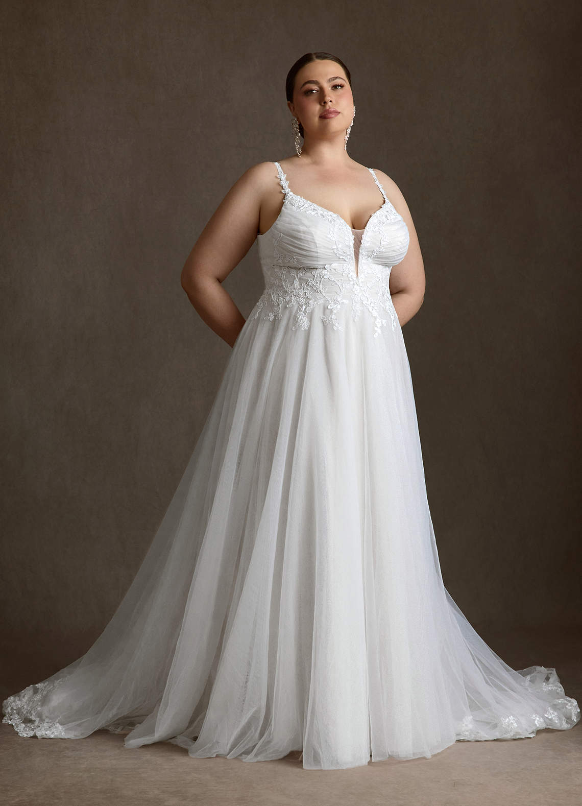 Azazie Devi Wedding Dresses Diamond White A-Line V-Neck Lace Tulle Dress image1