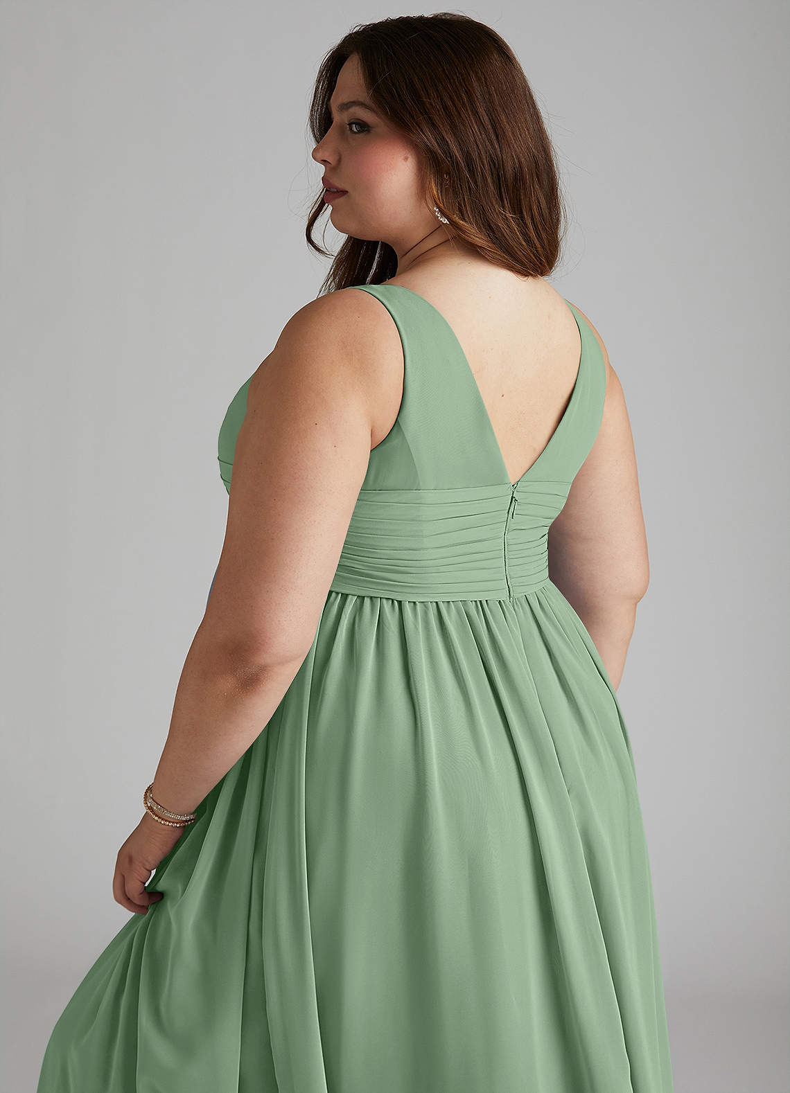 Azazie Yetta At-home Try On Dresses A-Line V-Neck Gathered Chiffon Floor-Length Dress image11