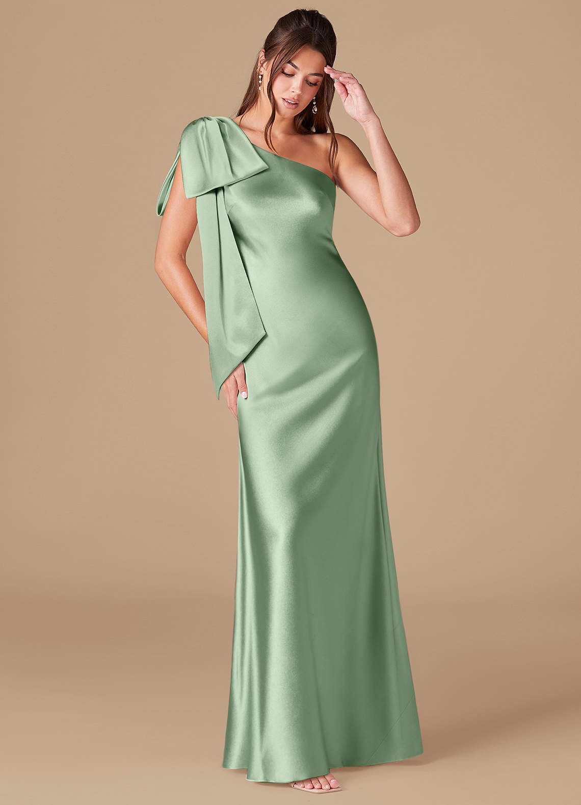 Azazie Capri Bridesmaid Dresses Matcha Sheath One Shoulder Metallic Satin Dress image1