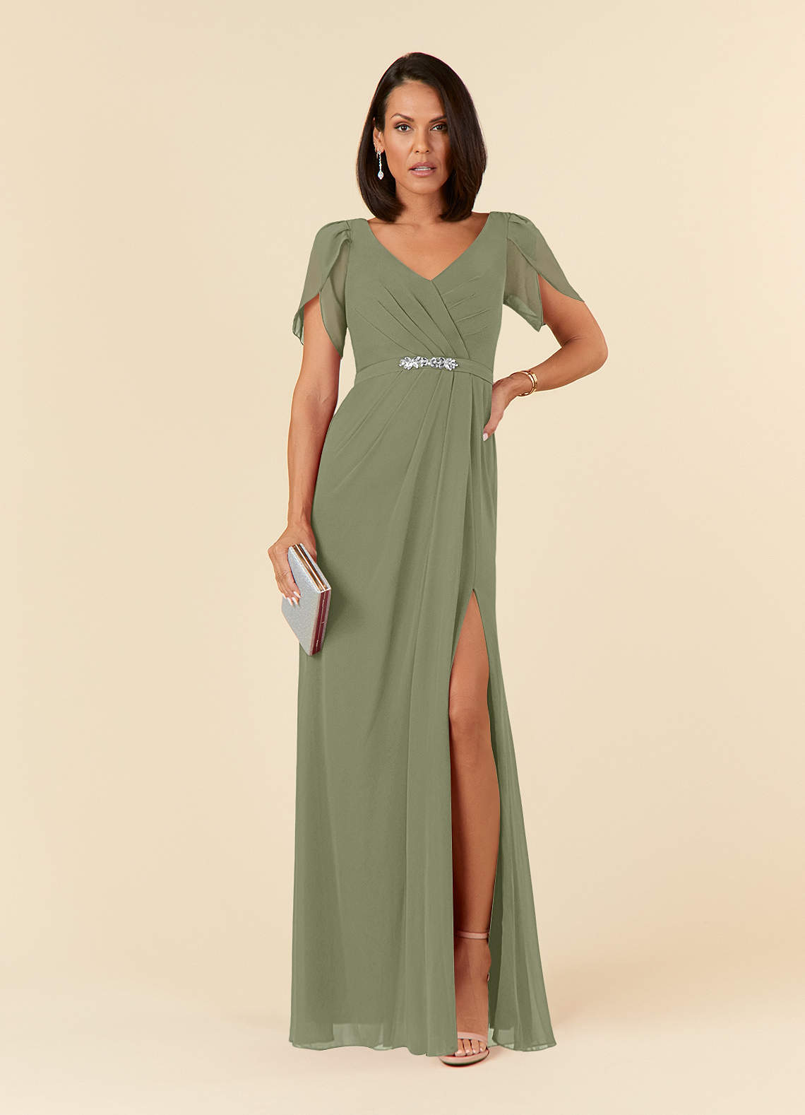 Azazie Marianne Mother of the Bride Dresses Pistachio Sheath V-Neck Pleated Chiffon Dress image1