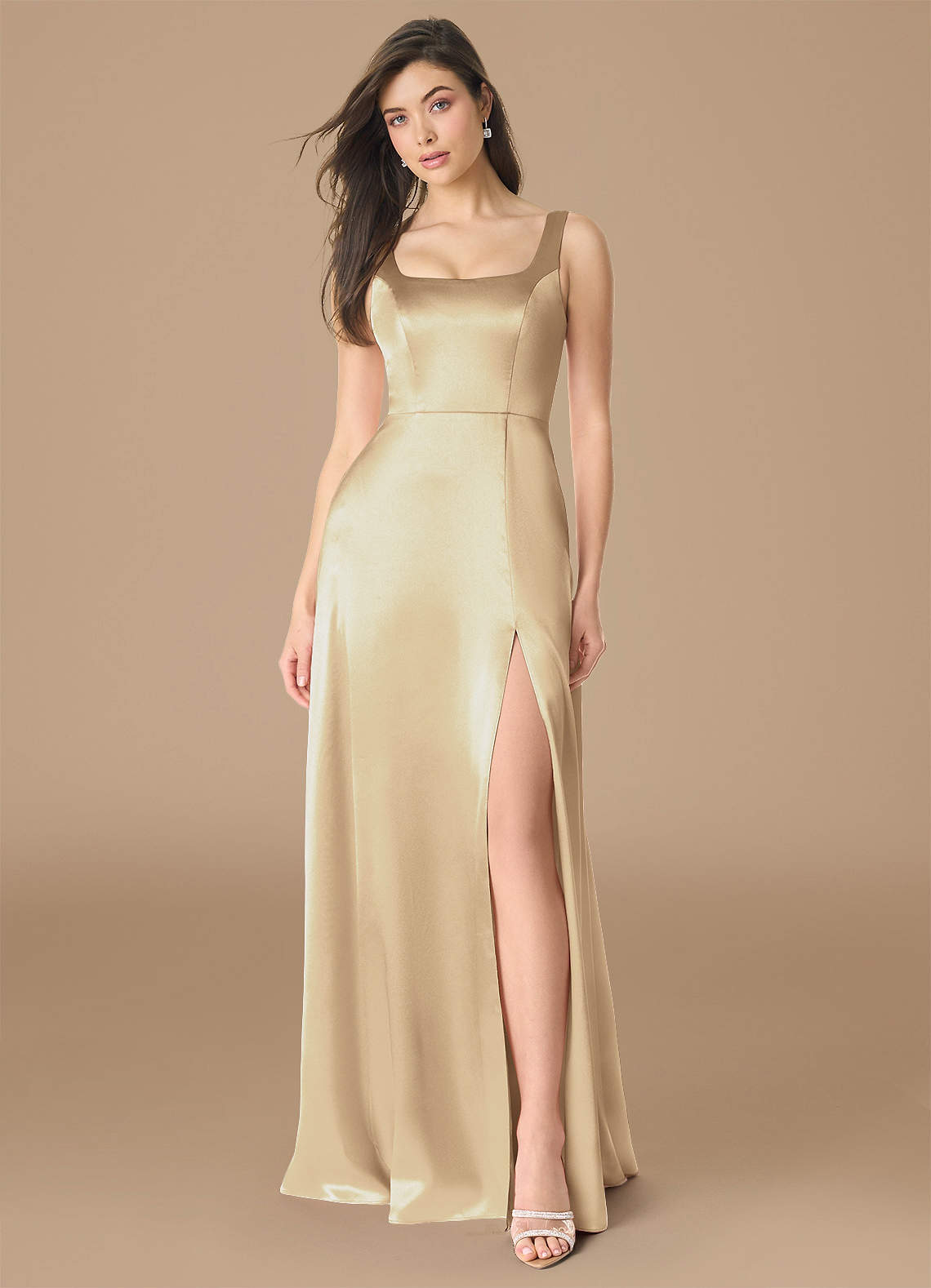 Azazie Joyce Bridesmaid Dresses Champagne A-Line Side Slit Metallic Satin Dress image1