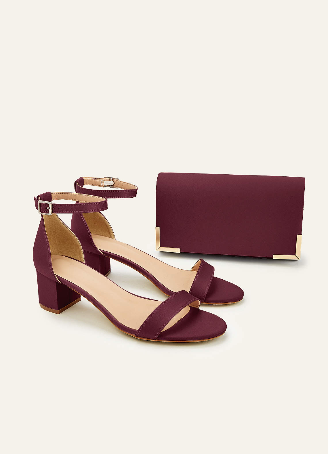 front Matching Color Matte Satin Block Heel Sandals & Envelope Clutch Set