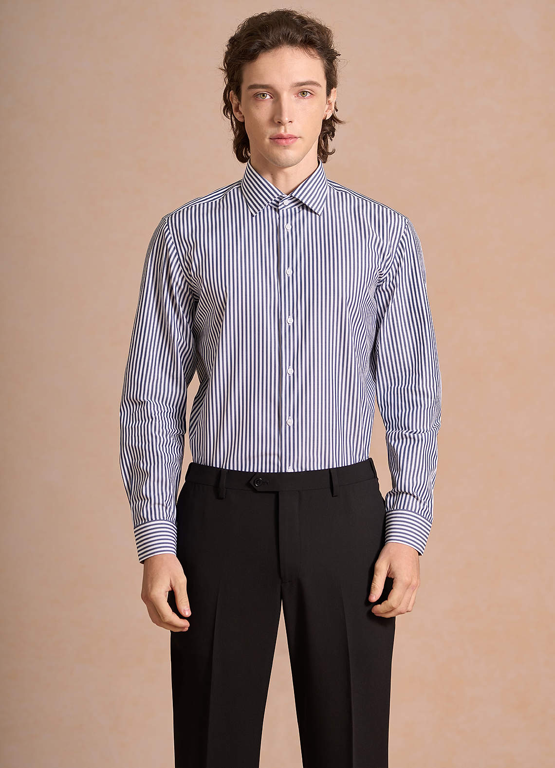 front Aiden White Navy Blue 100% Cotton Non-Iron Striped Dress Shirt