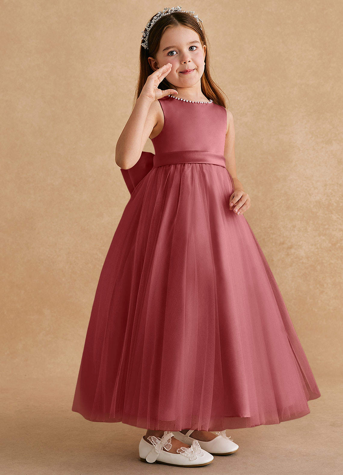 Azazie Cookie Vestidos de florista Vestido Rosa Antiga de Tule de Linha A com Arco image1
