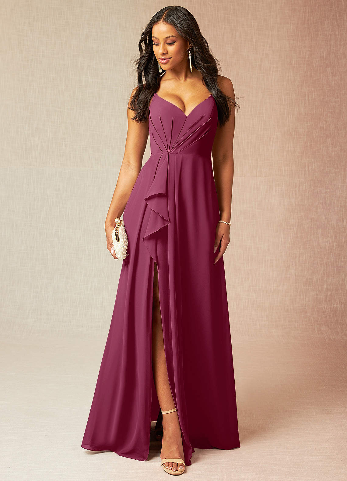 Azazie Kyedae Bridesmaid Dresses Mulberry A-Line V-Neck Pleated Chiffon Dress image1