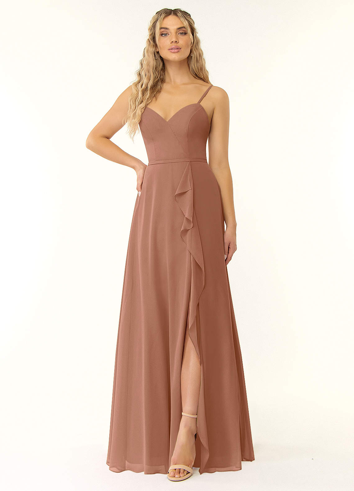 Azazie Naeem Bridesmaid Dresses Bronzer A-Line V-Neck Ruffle Chiffon Dress image1