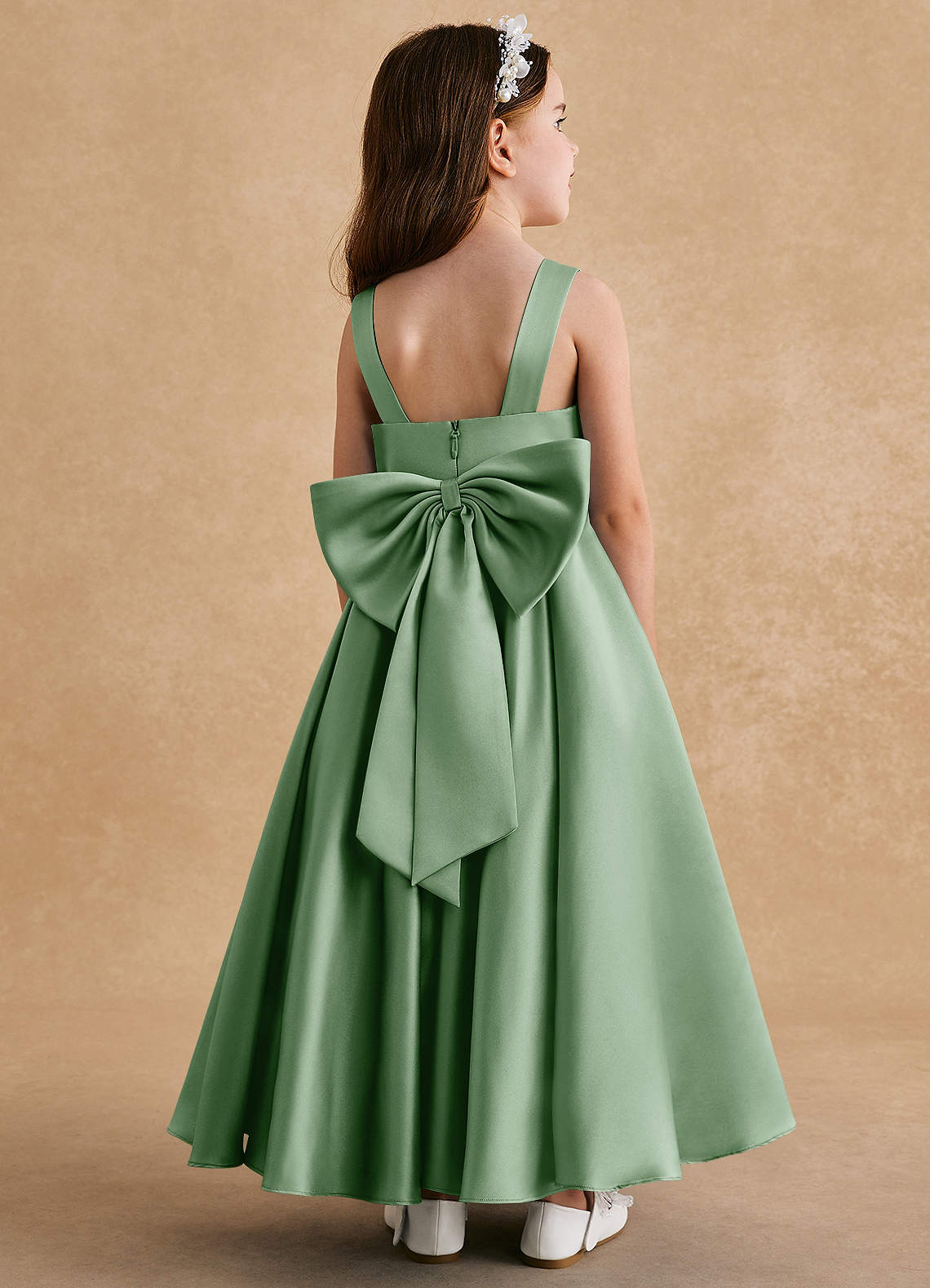 Azazie Honey Bear Flower Girl Dresses Matcha A-Line Pleated Matte Satin Dress image1