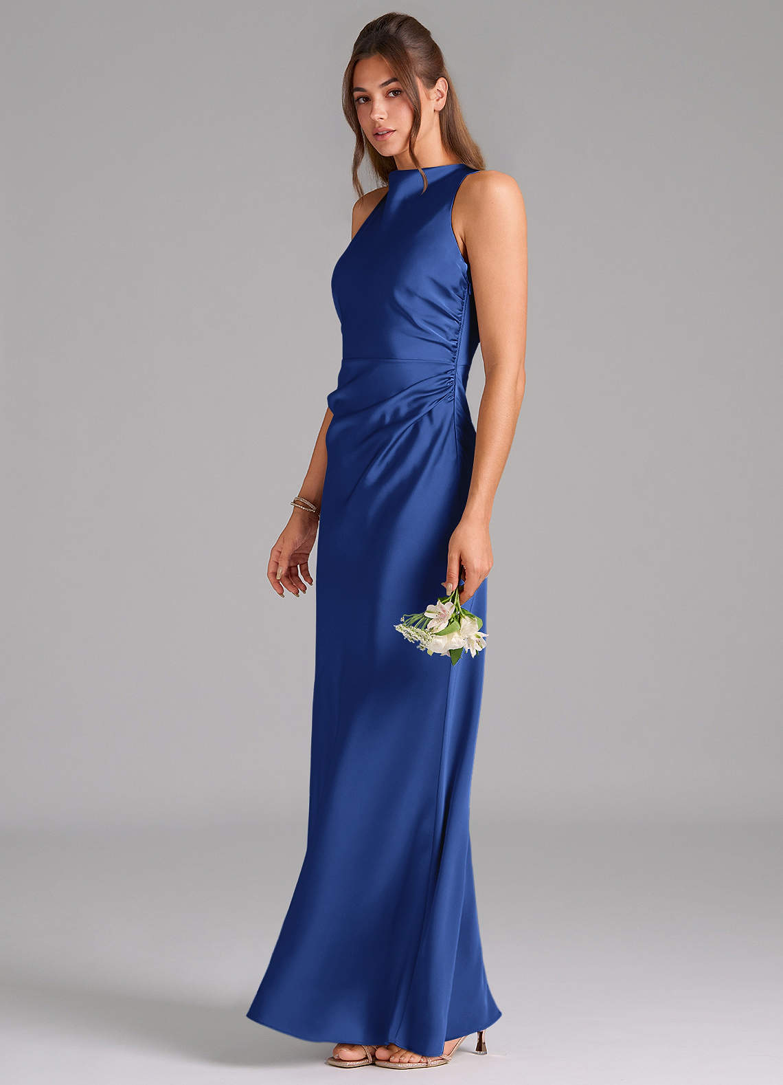 Azazie Evadne Bridesmaid Dresses Royal Blue A-Line Pleated Stretch Satin Dress image1