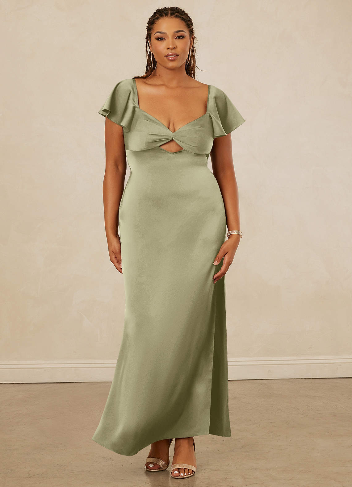 Christian Siriano Bridal for Azazie 1005 Bridesmaid Dresses Flutter Sleeve Stretch Satin Sheath Dress image11