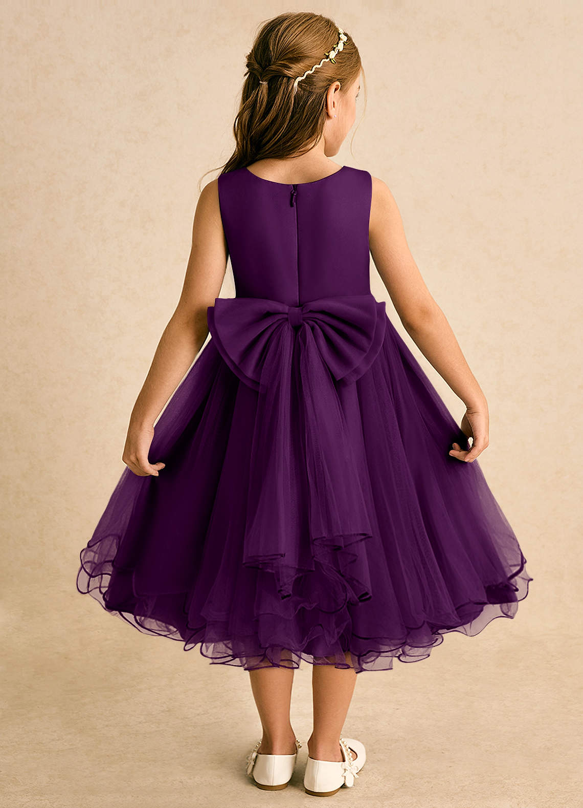 Azazie Lass vestidos de niña de las flores Vestido de Uva de Tul de Corte En A con Lazo image1