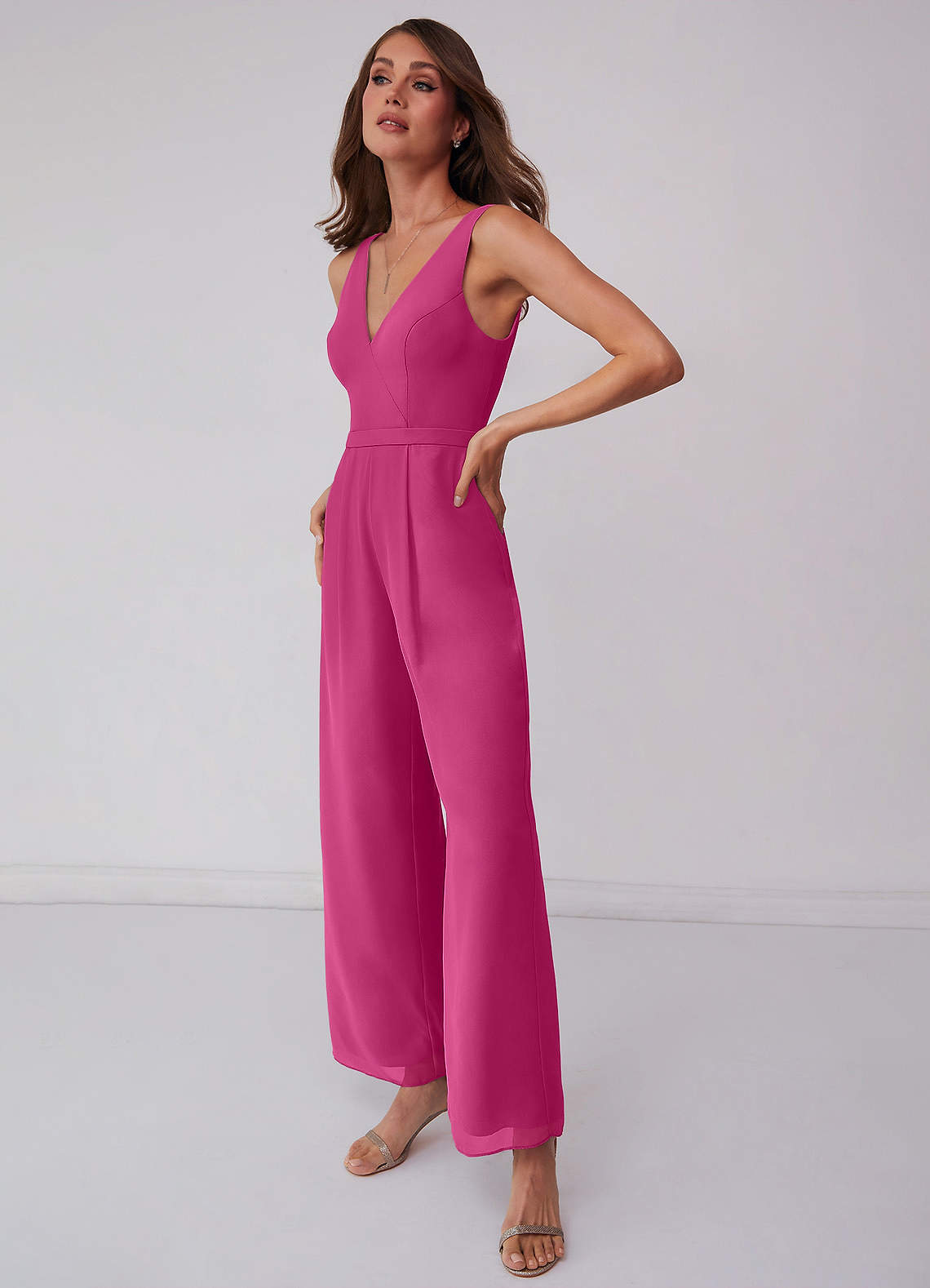 Barbie™ Pink Shirred V Neck Chiffon Jumpsuit Bridesmaid Dresses Azazie 2250