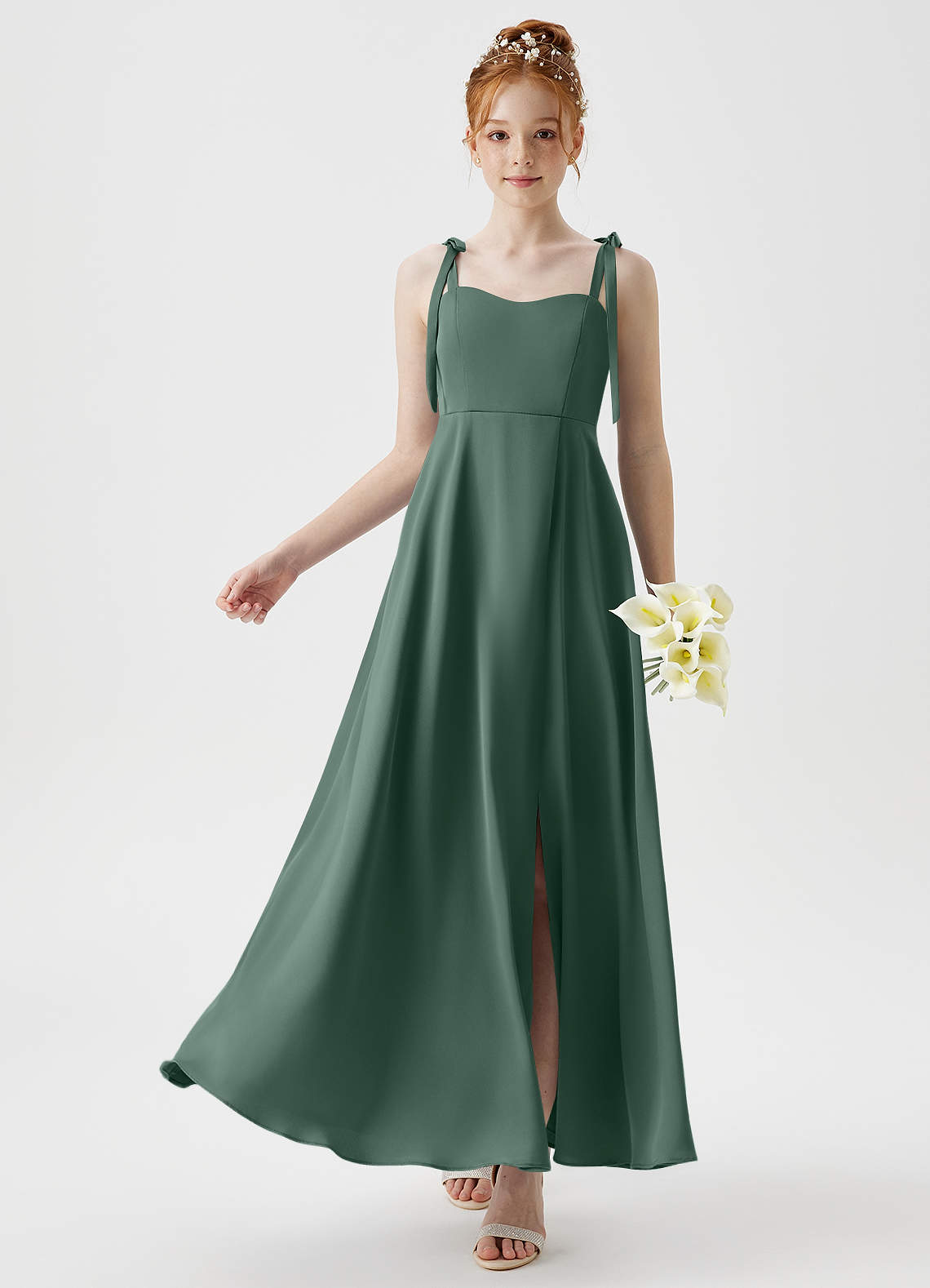 Azazie Rosey Junior Eucalyptus A-Line Sweetheart Neckline Stretch Satin Dress image1