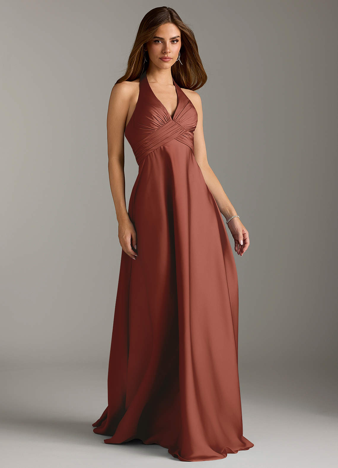 Azazie Tessie Bridesmaid Dresses Auburn A-Line Pleated Stretch Satin Dress image1