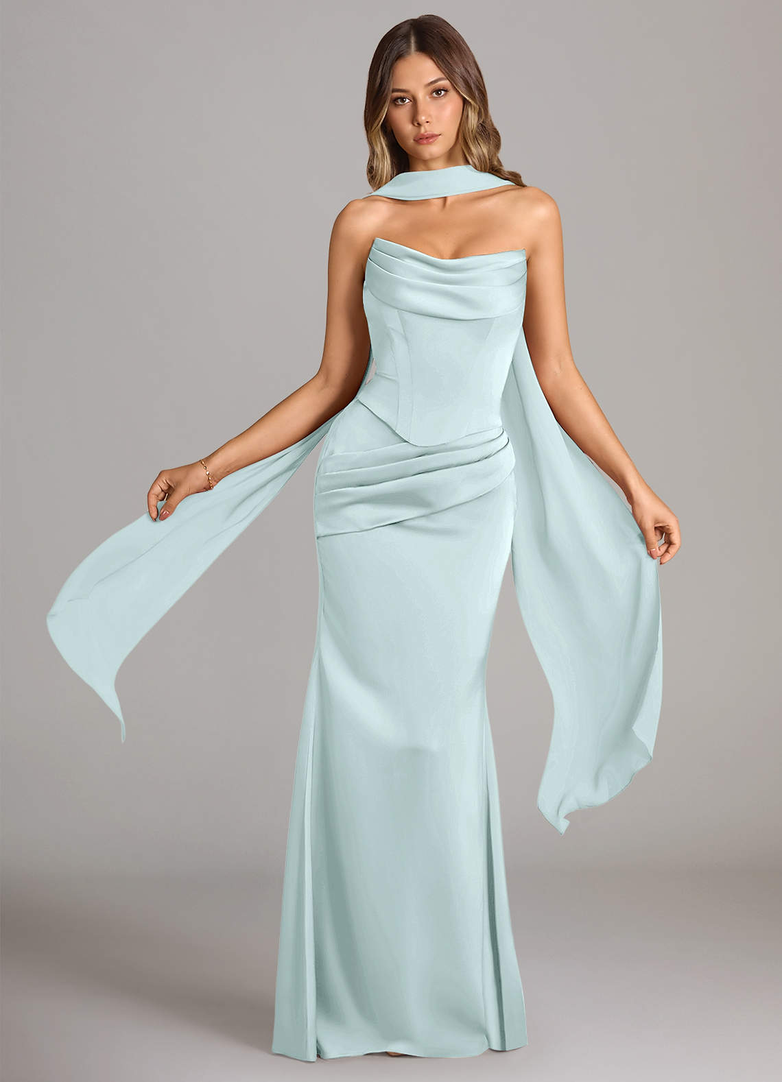 Azazie Sorrel Bridesmaid Dresses Sea Glass Mermaid Strapless Stretch Satin Convertible Dress image1