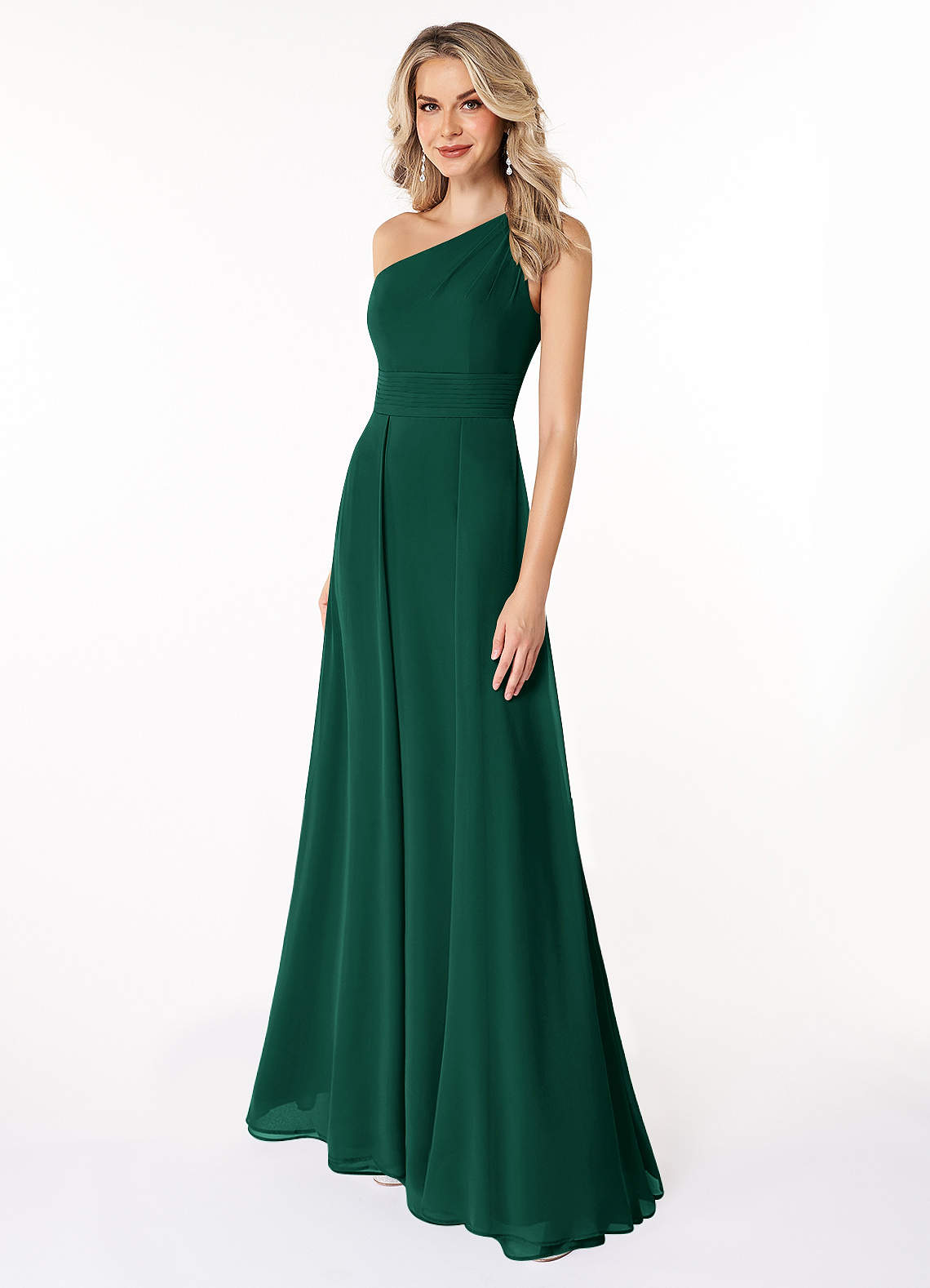 Azazie Dallas Vestidos de damas de honor Vestido de Esmeralda de Gasa de Corte en A con Hombro unilateral image1