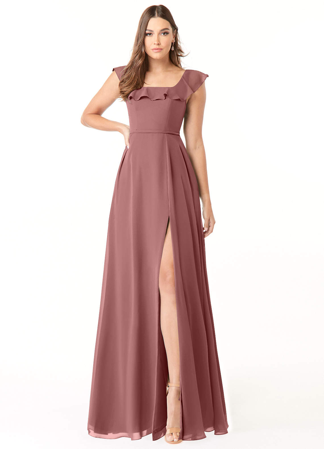 Azazie Jinny Bridesmaid Dresses Desert Rose A-Line Square Neckline Ruched Chiffon Dress image1