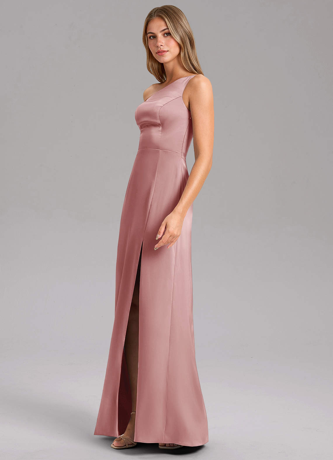 Azazie Phaedra Vestidos de madrinha de casamento Vestido Rosa Empoeirada de Cetim elástico de Linha A com Um ombro image9