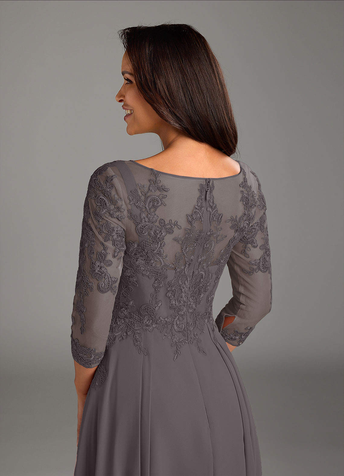 Azazie Marge Mother of the Bride Dresses Steel Grey A-Line Scoop Lace Chiffon Dress image3
