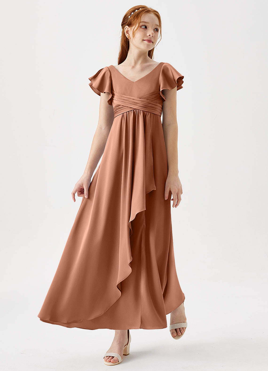 Azazie Omari Junior Bronzer A-Line Pleated Stretch Satin Dress image1