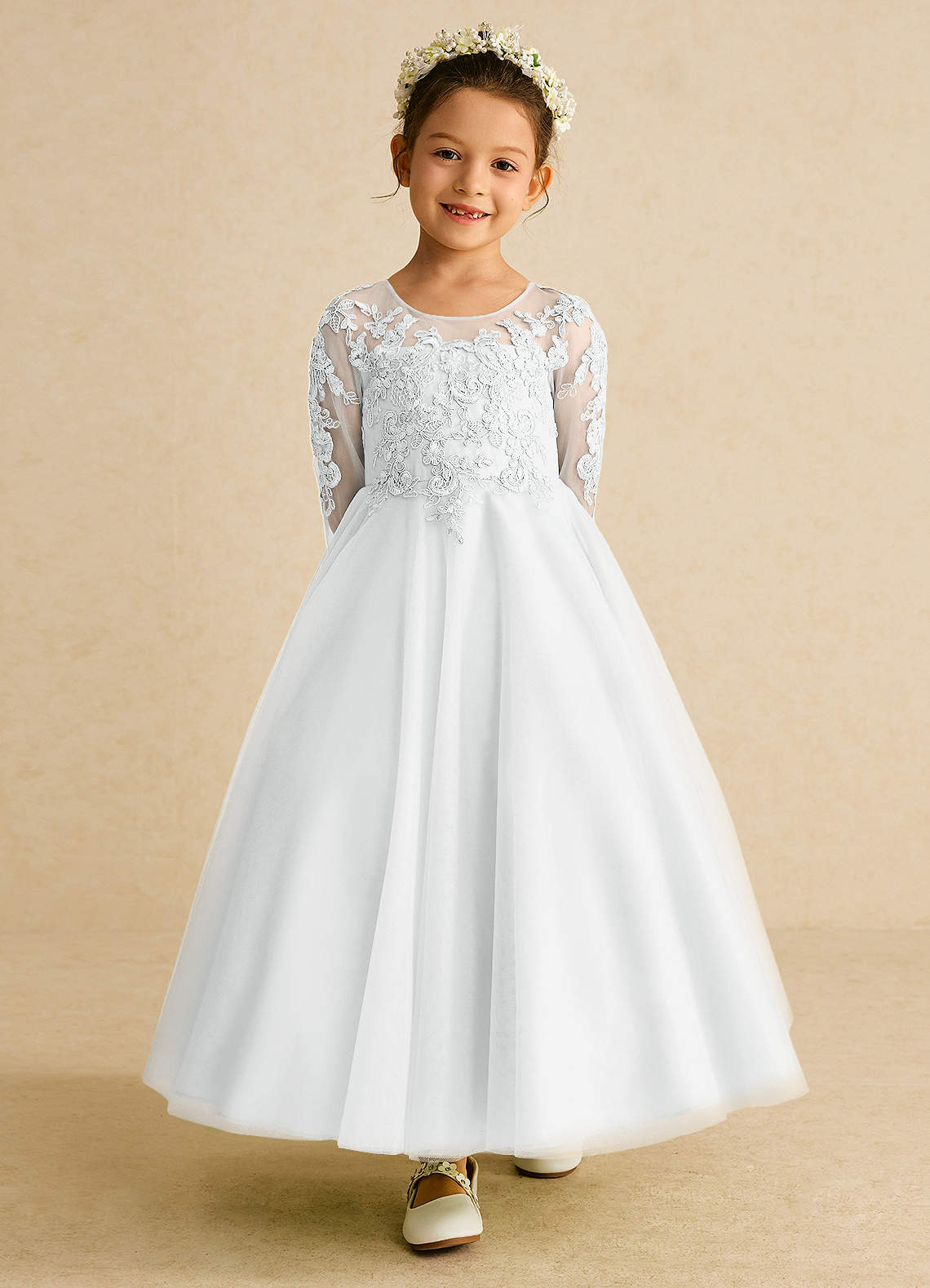 Azazie Precious Flower Girl Dresses Diamond White A-Line Lace Tulle Dress image3