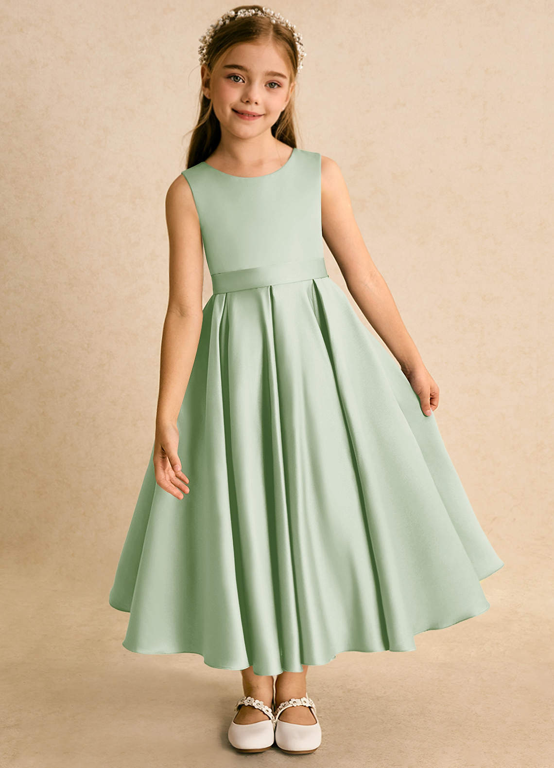 Azazie Junebuj vestidos de niña de las flores Vestido de Salvia Polvorienta de Satin Mate de Princesa con Plisado image5