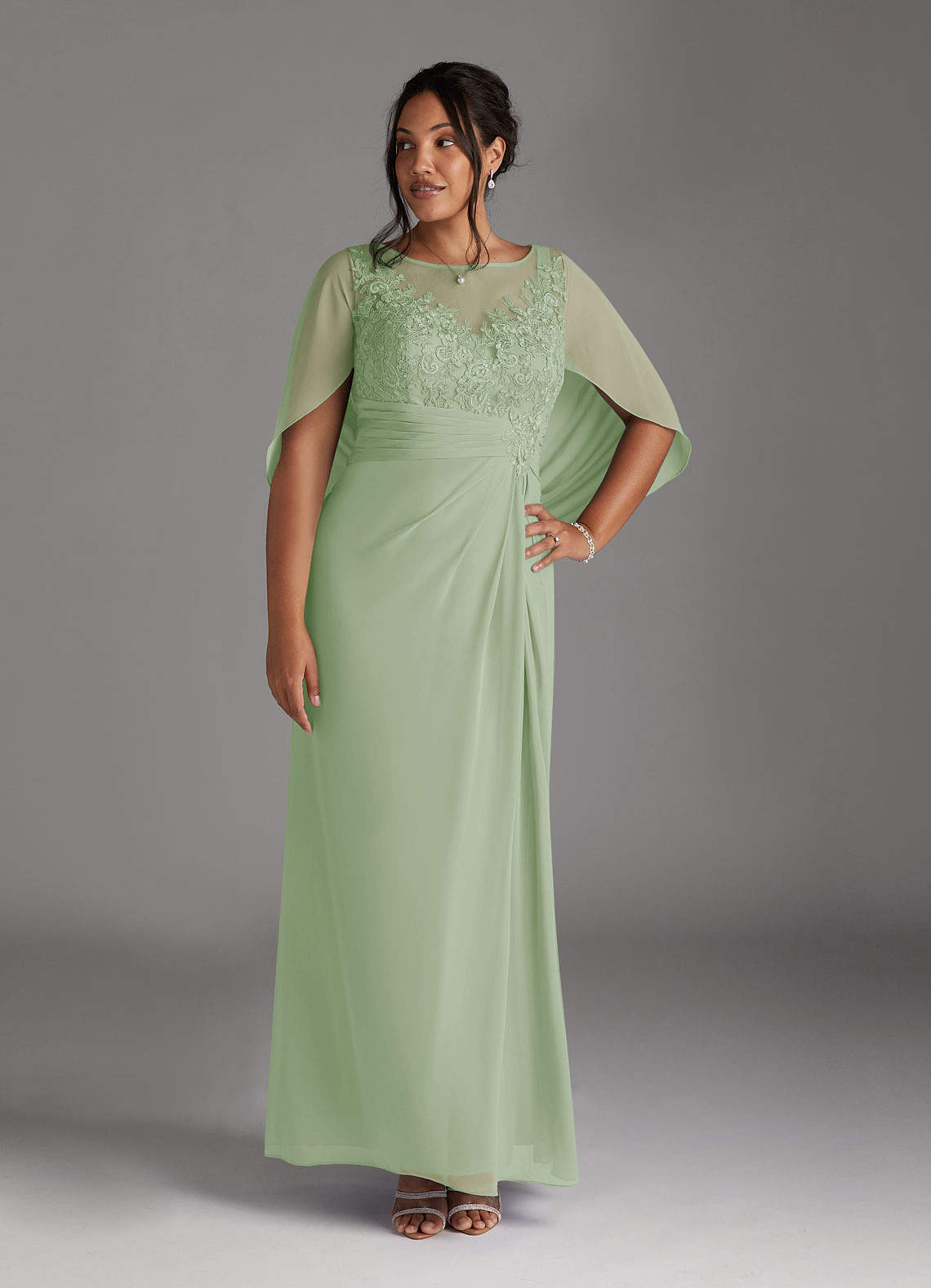 Azazie Hera Mother of the Bride Dresses Dusty Sage A-Line Lace Capelet Chiffon Dress image5