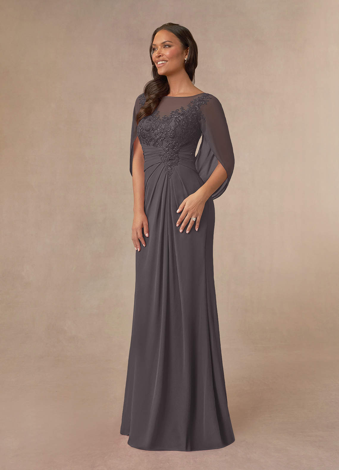 Azazie Hera Mother of the Bride Dresses Steel Grey A-Line Lace Capelet Chiffon Dress image1