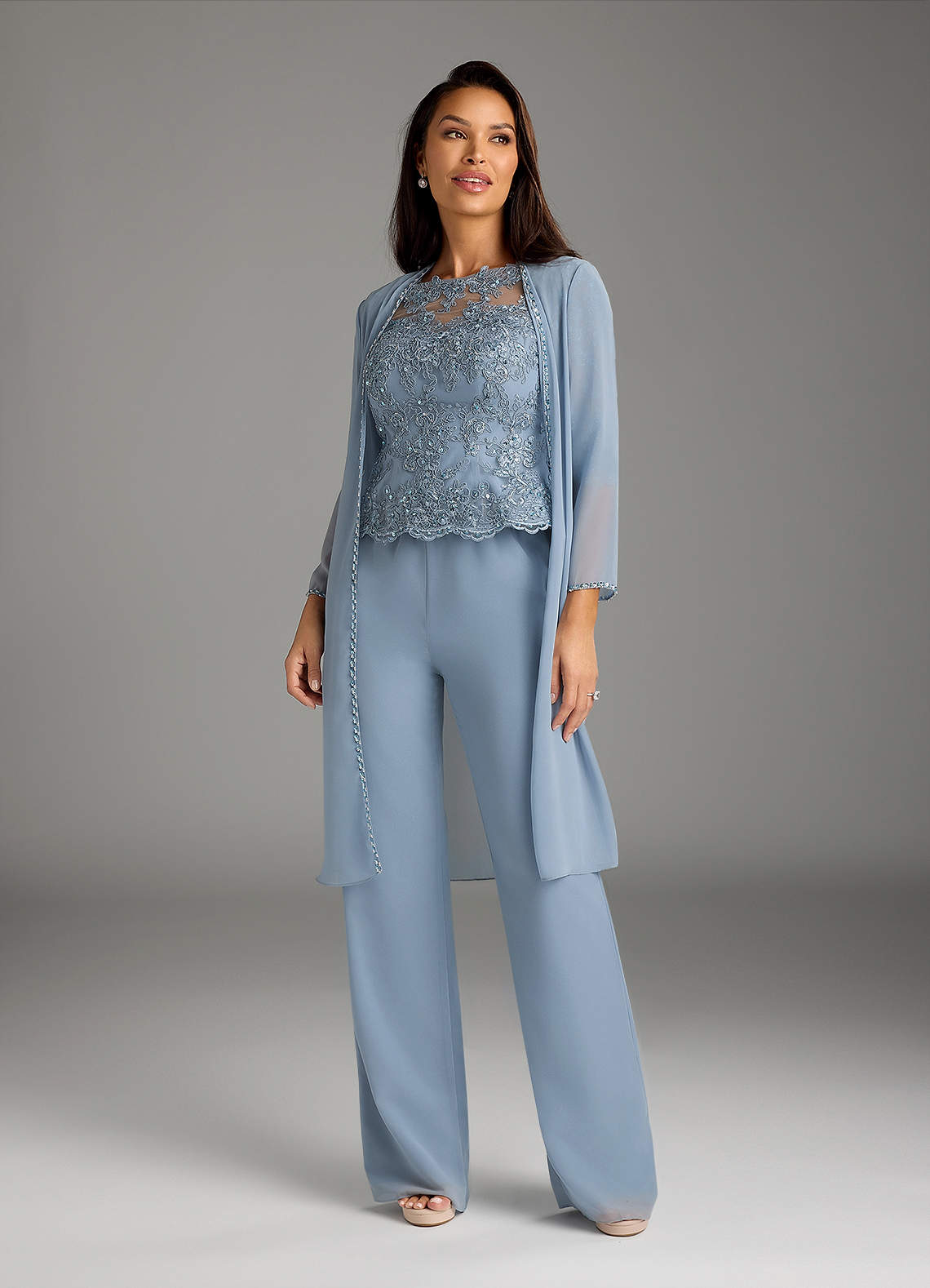 Azazie Florida Abiti per la Madre della Sposa Abito Tuta Pantaloni in Chiffon Lustrini Blu Polveroso image1