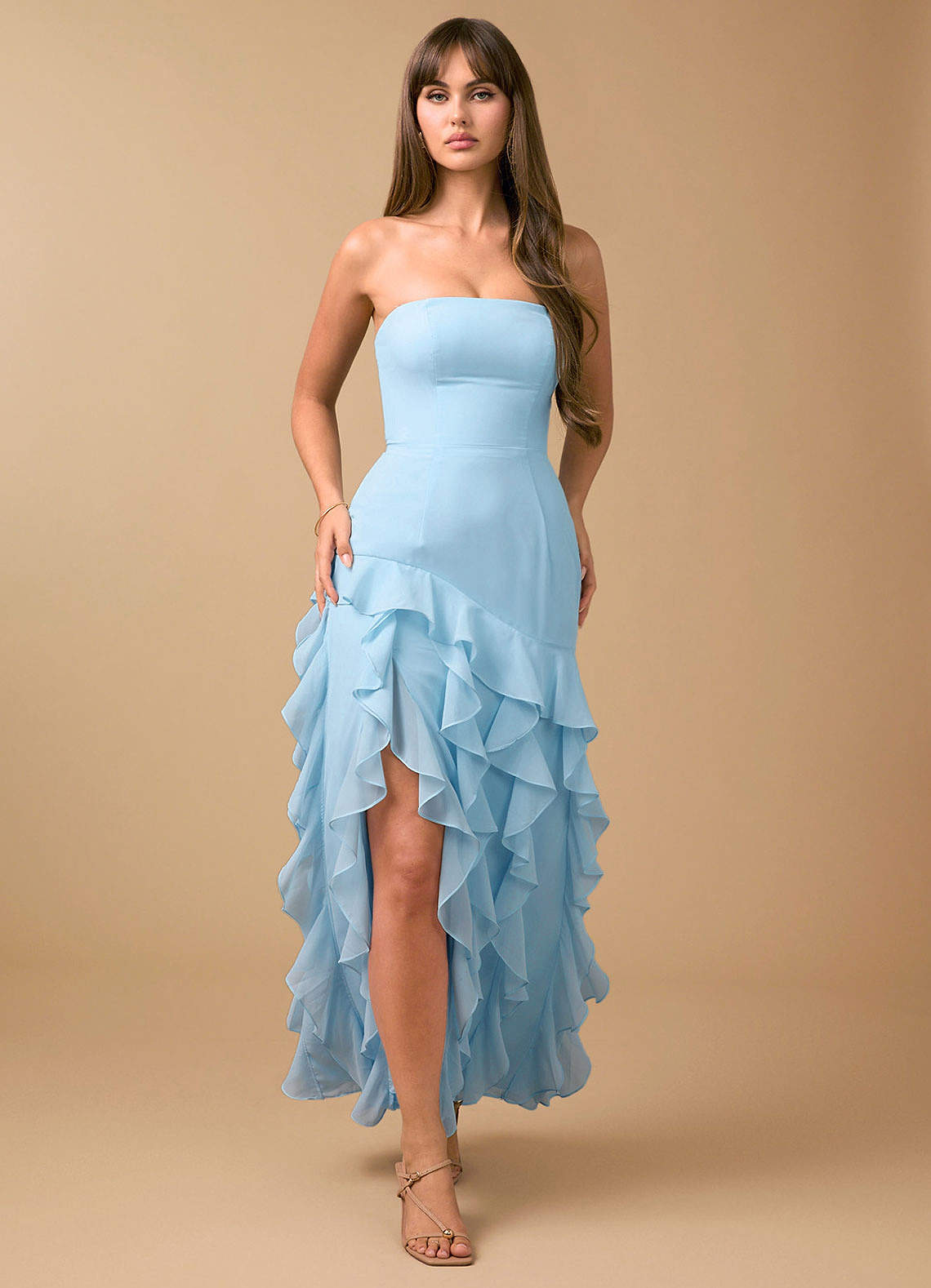 knee length dresses for ladies A Line V Neck Split Light Blue Chiffon Prom Dresses Long – jkprom main image 0