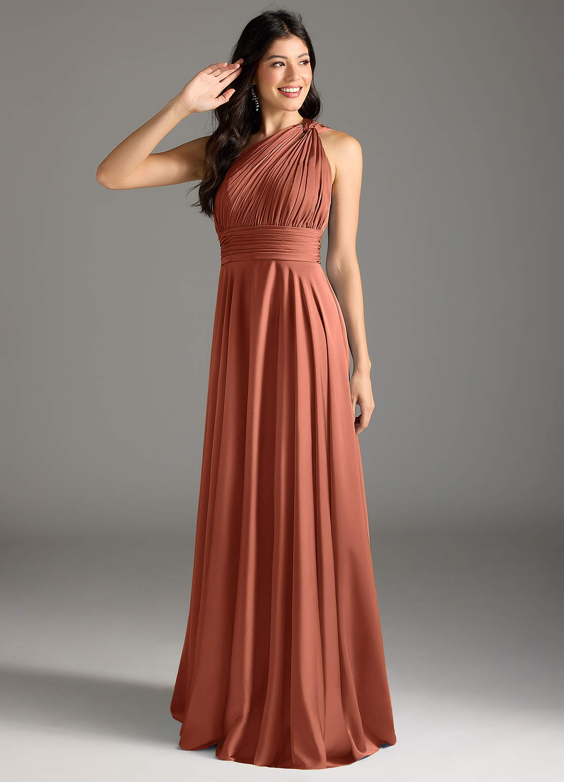Azazie Charlize Jurken voor bruidsmeisjes Jurk van Stretch Satijn met A-Lijn One-Shoulder Klei image1