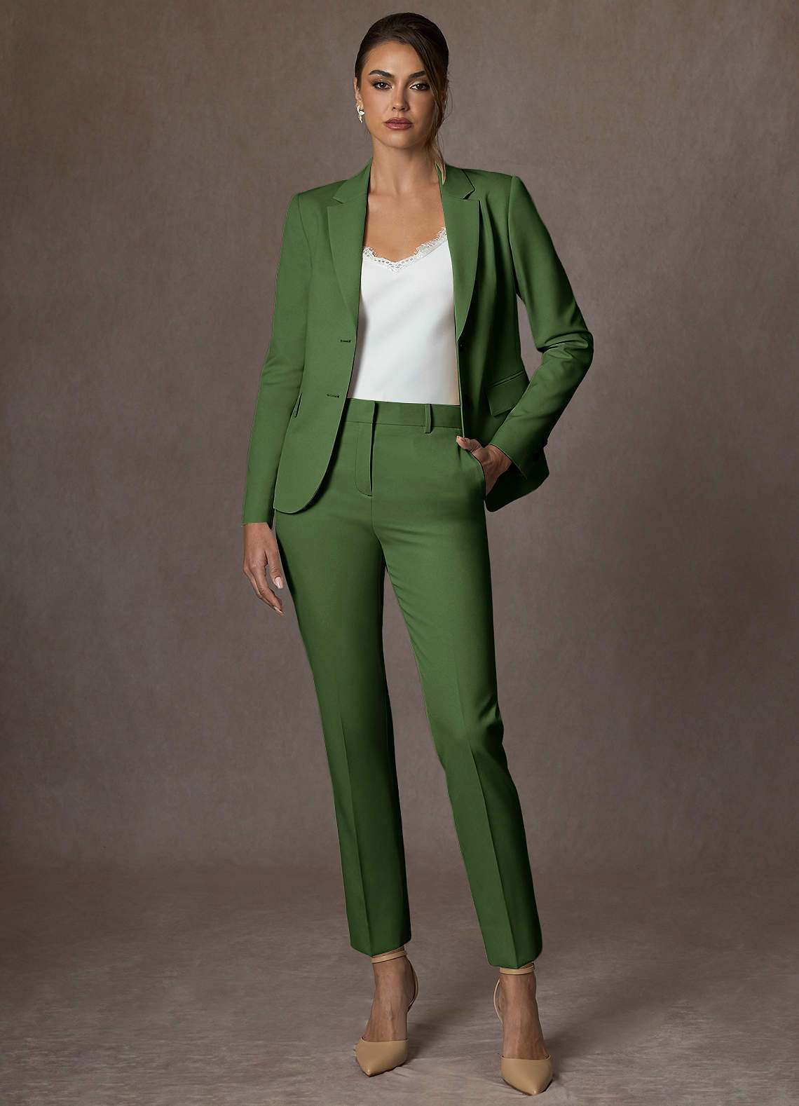 front Whitney Olive Structured Stretch Full Length Pants Suit