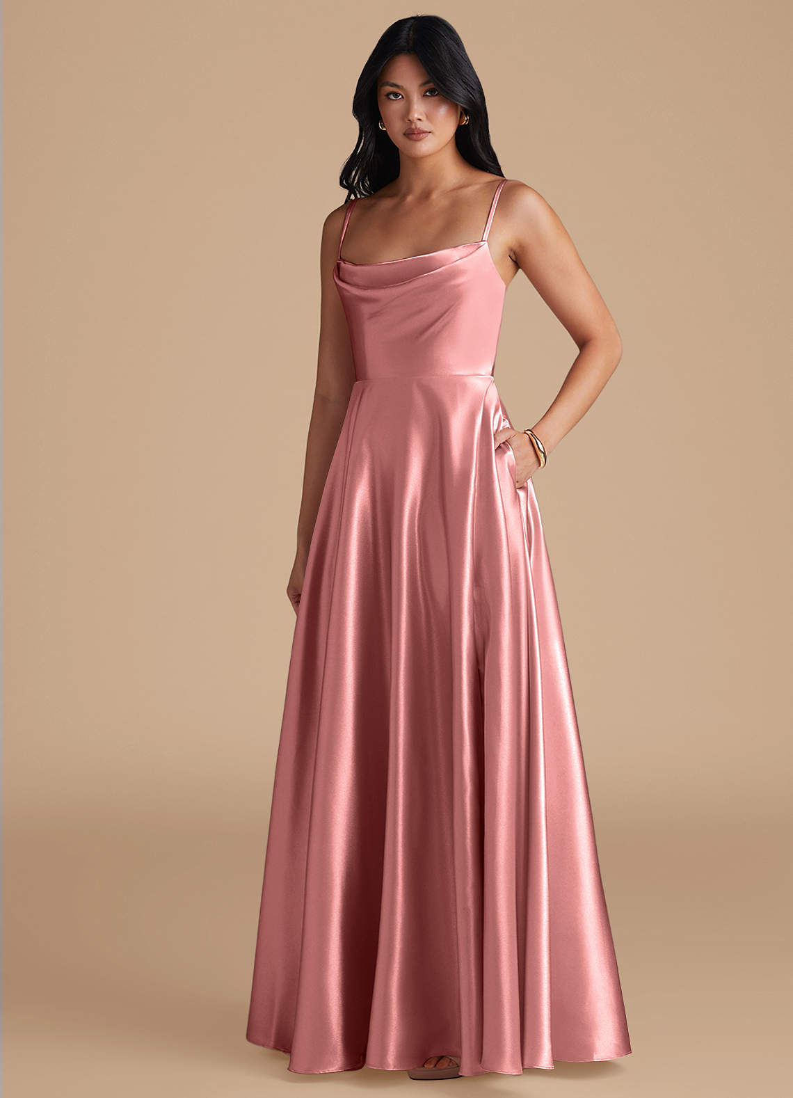 Azazie Elle Brautjungfernkleider A-Linie mit Taschen Metallischer Satin Kleid Rosettenrosa image1