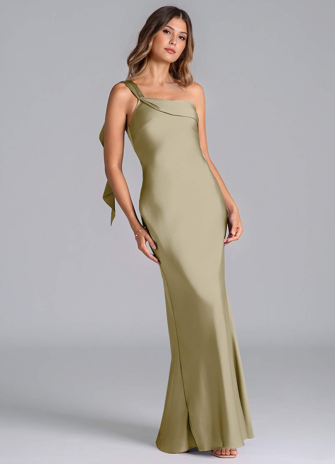 Azazie Driea Bridesmaid Dresses Moss Green Mermaid One Shoulder Stretch Satin Dress image1