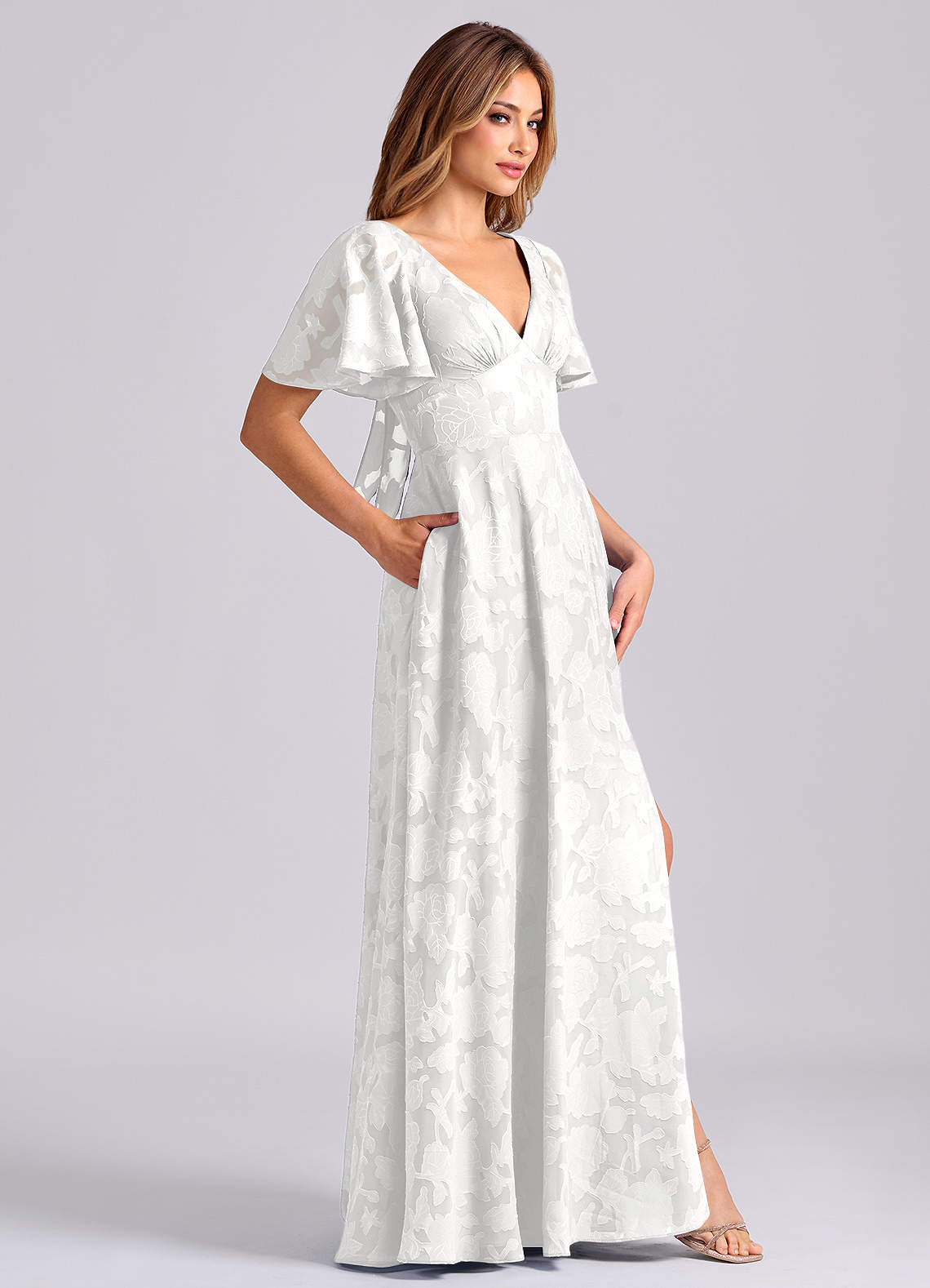 Azazie Kimber Bridesmaid Dresses White A-Line with Pockets Floral Burnout Dress image2