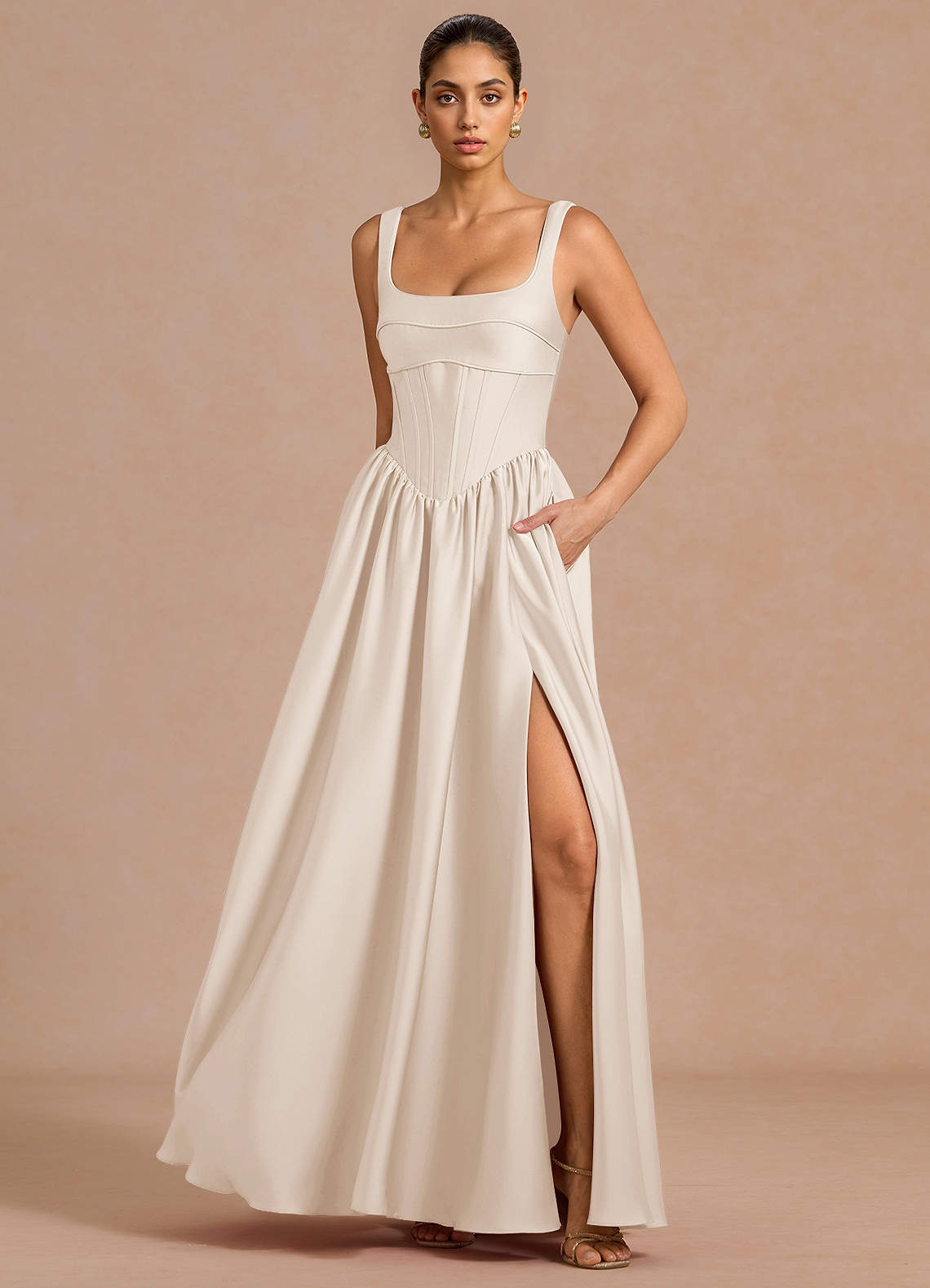 satin cream bridesmaid dresses PrettyLittleThing Women's Satin V Neck Maxi Dress in Cream