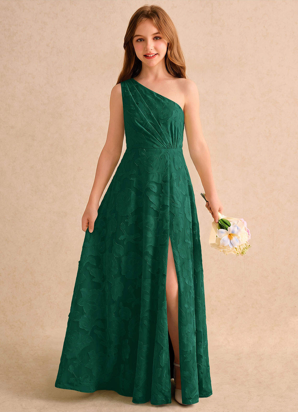 emerald green girls dress Azazie Pudles Formal A-Line One Shoulder Floral Burnout Princess Polly Avienna Polka holiday 24 Birthday dress Our Joan gown is Size:15.5 34/35