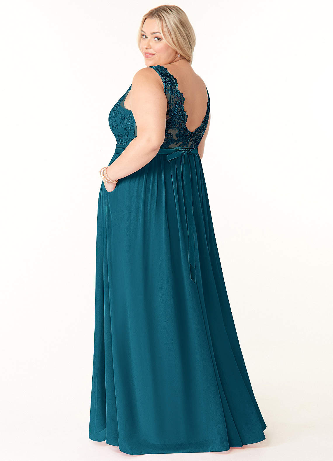 Azazie Elly Bridesmaid Dresses Ink Blue A-Line Lace Scoop Neck Chiffon Dress image9
