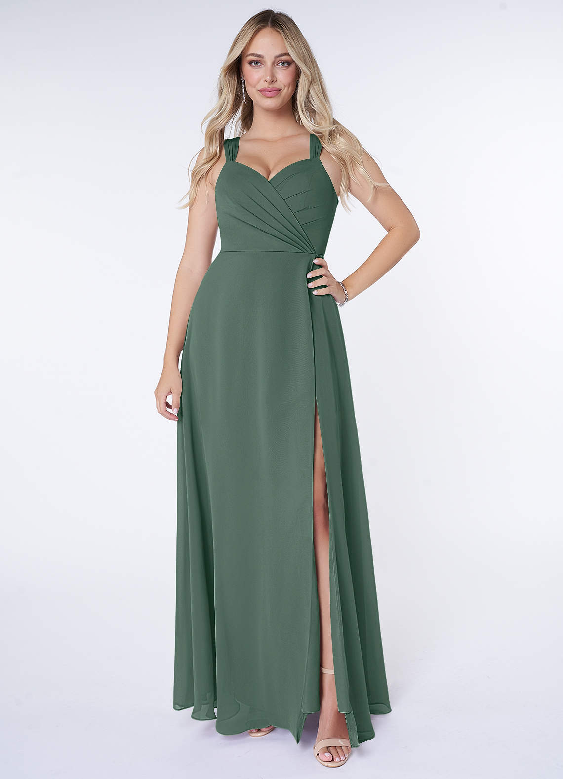 Azazie Nahrin Bridesmaid Dresses Sea Moss A-Line V-Neck Pleated Chiffon Dress image1
