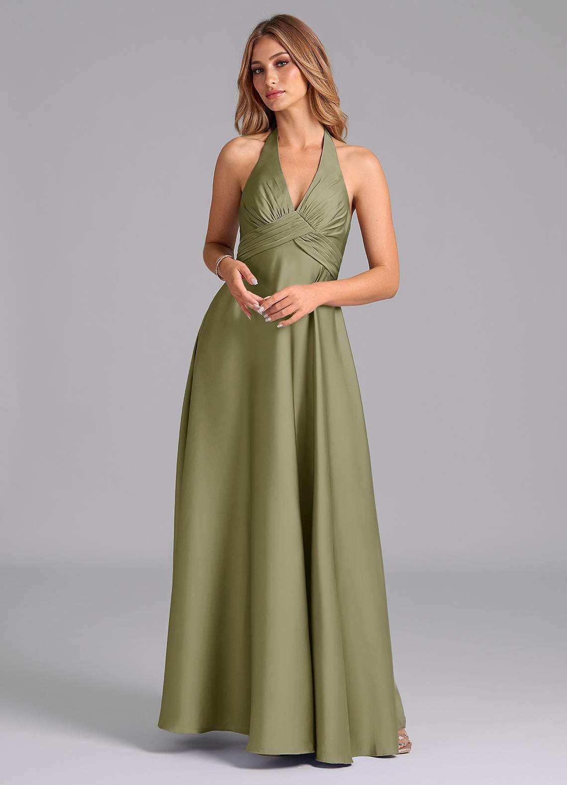 Azazie Tessie Bridesmaid Dresses Pistachio A-Line Pleated Stretch Satin Dress image1