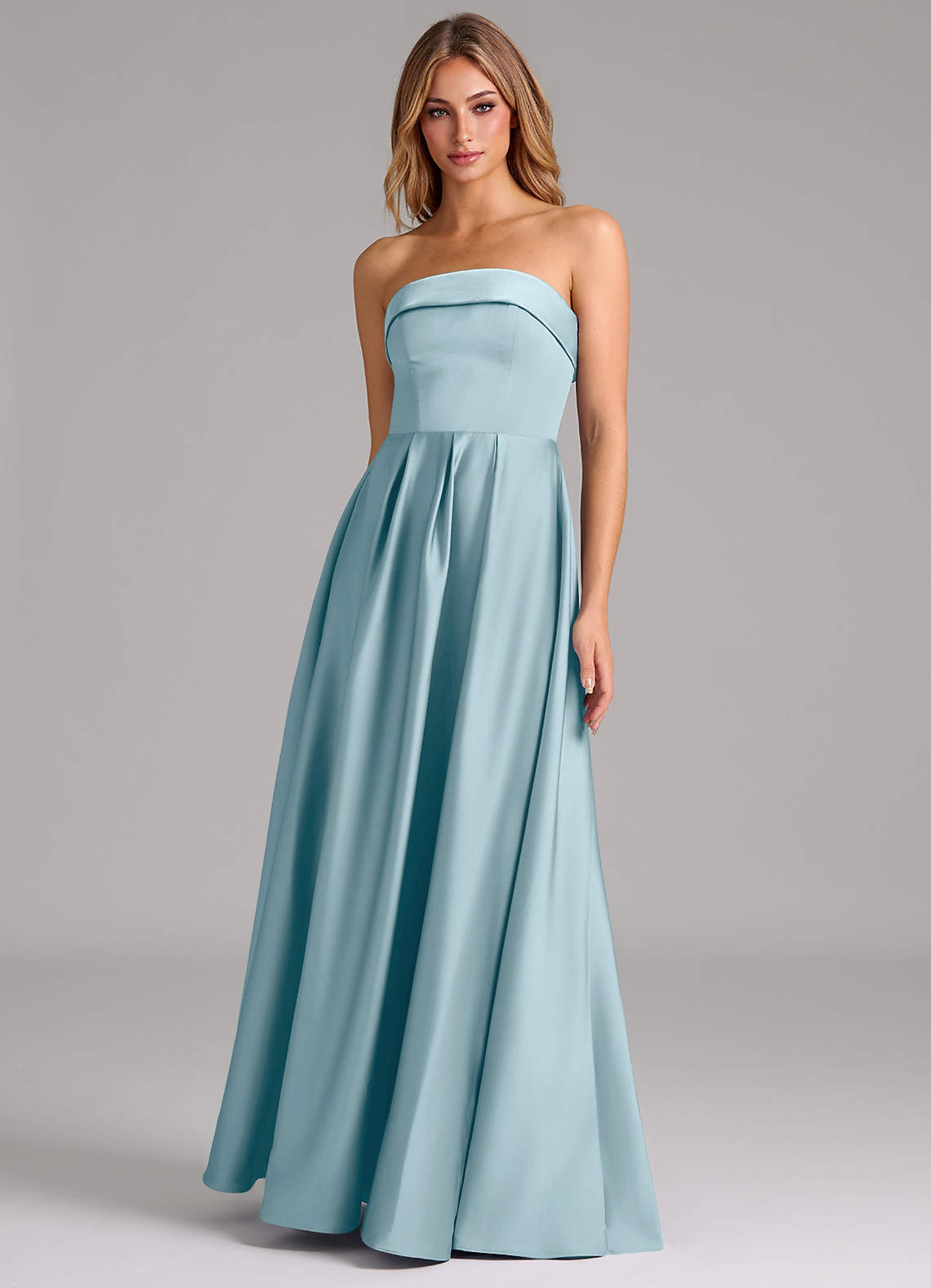 Azazie Lucienne Vestidos de damas de honor Vestido de Azul Malhumorado de Satén Elástico de Corte en A Convertible con Sin tirantes image1