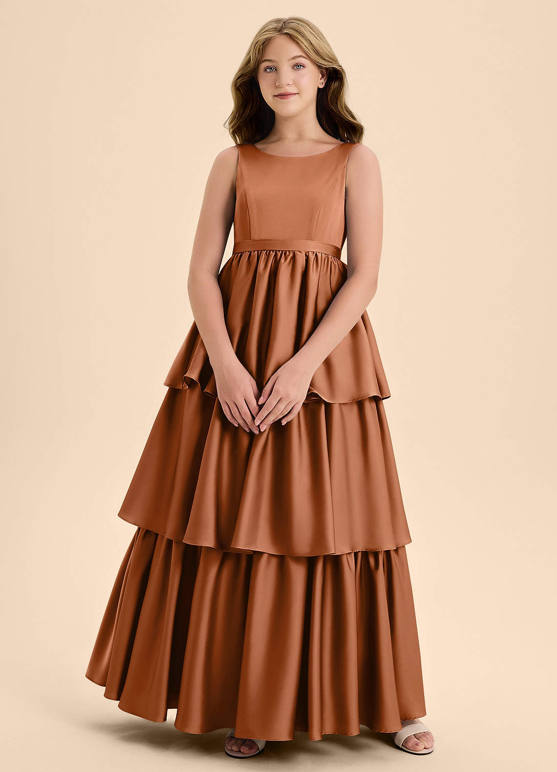 Azazie Meadowyn Junior Copper A-Line Bow Stretch Satin Dress image1