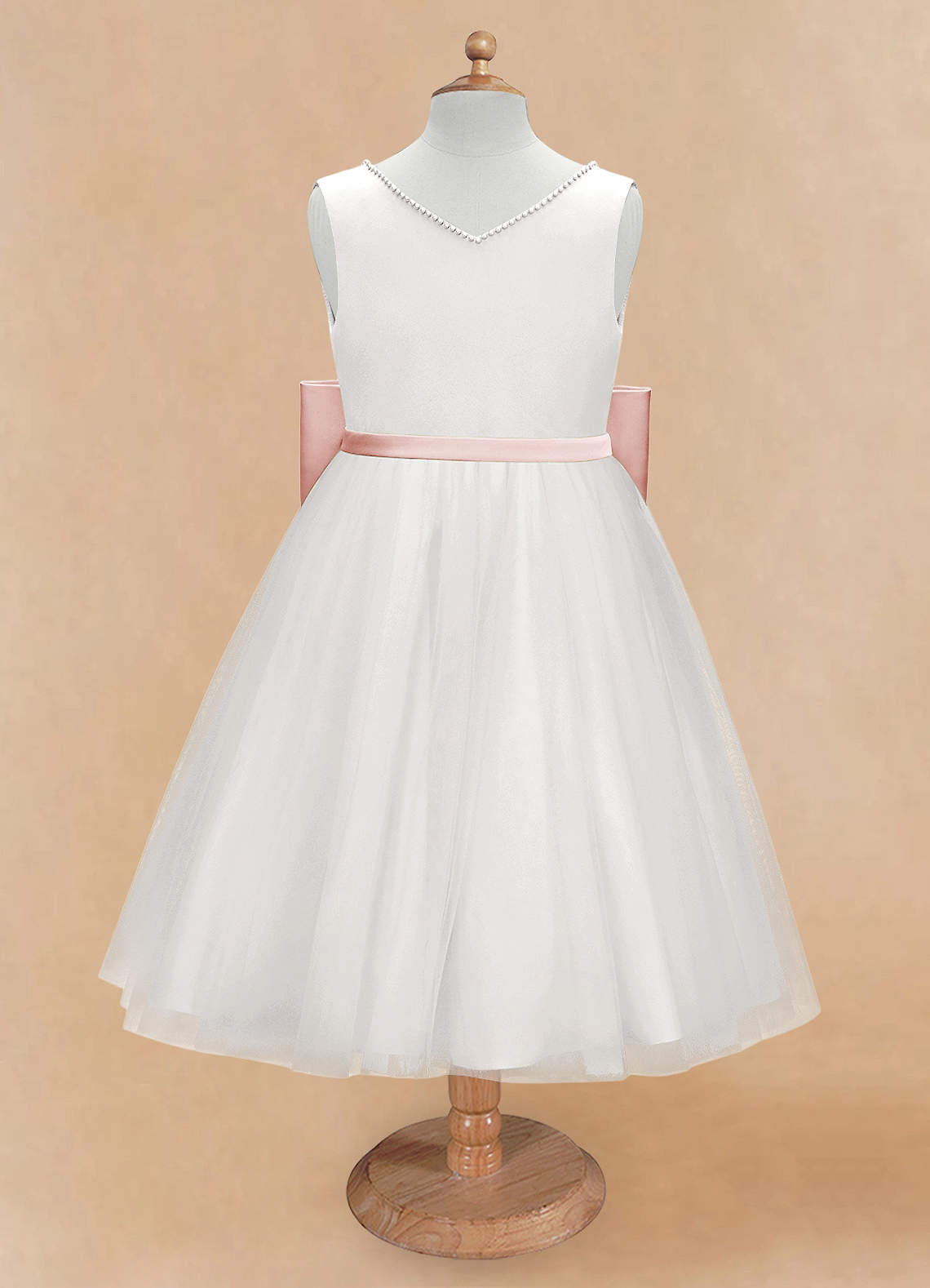 Azazie Seline Flower Girl Dresses Ivory Blushing Pink A-Line Bow Tulle Dress image5