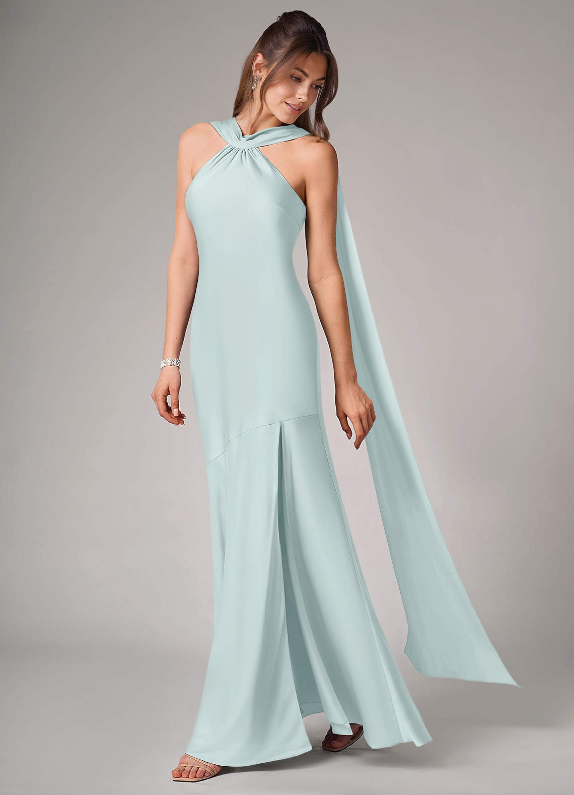 Azazie Kinsley Bridesmaid Dresses Mist Mermaid Side Slit Stretch Satin Dress image1