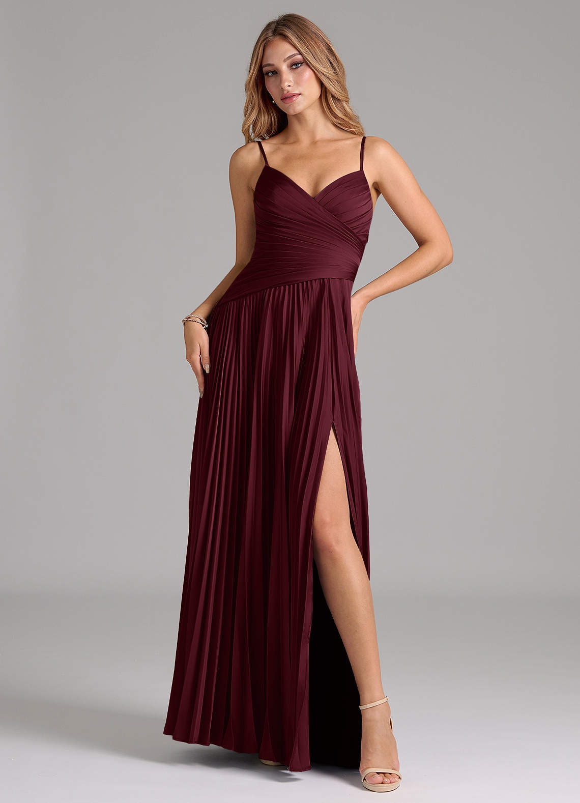 Azazie Vini Bridesmaid Dresses Cabernet A-Line Pleated Stretch Satin Dress image1