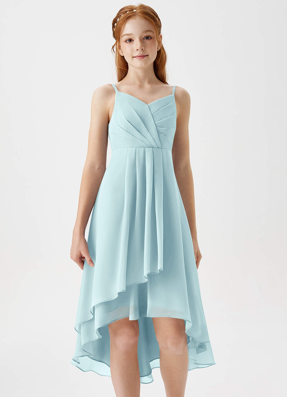 Azazie Mariam Junior Abito A-Line in Chiffon Plissettato Sea Glass image4