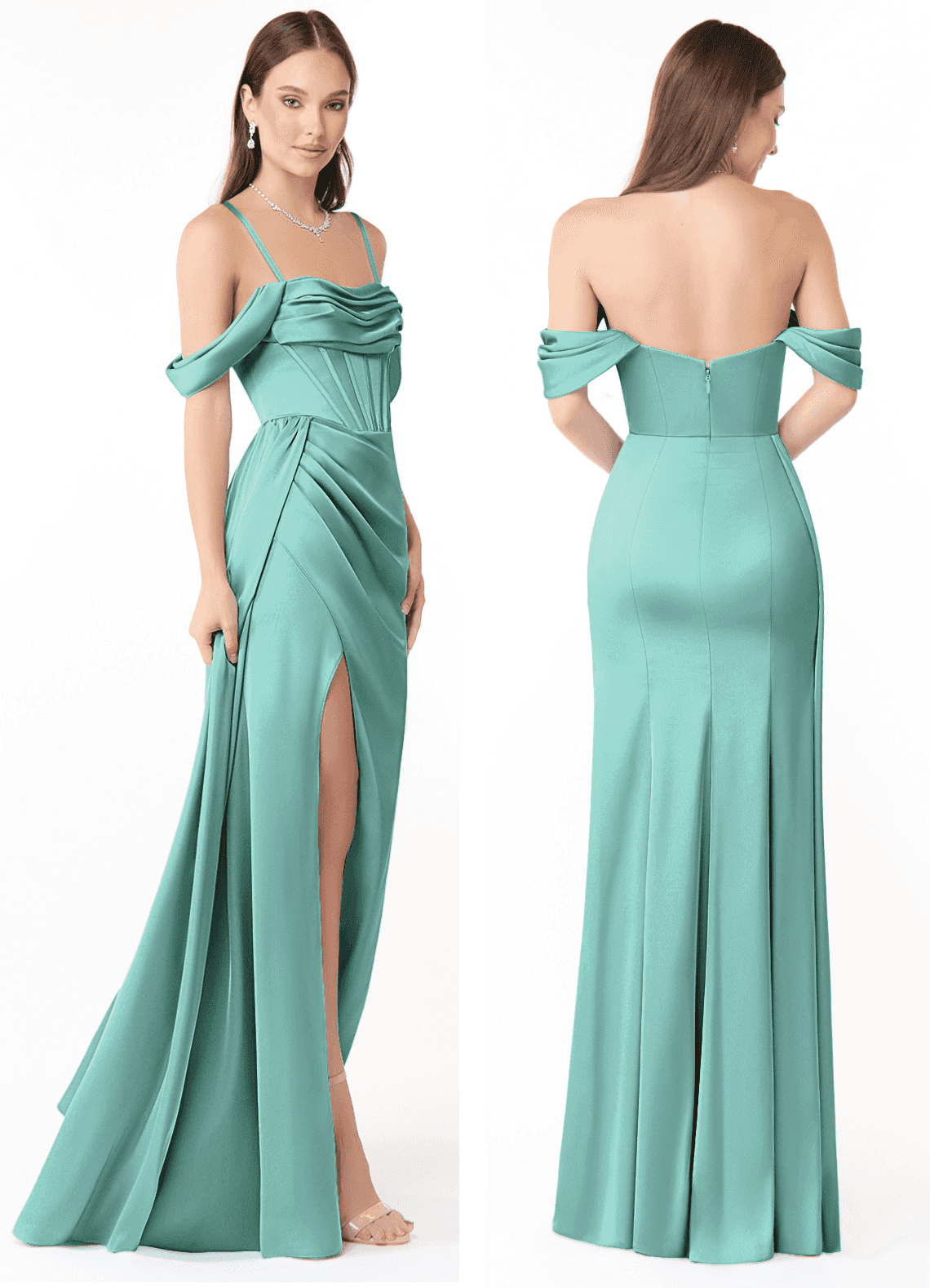 Azazie Amyra Robes de demoiselle d'honneur Robe Fourreau Convertible en Satin extensible Épaule décolletée Aqua image1